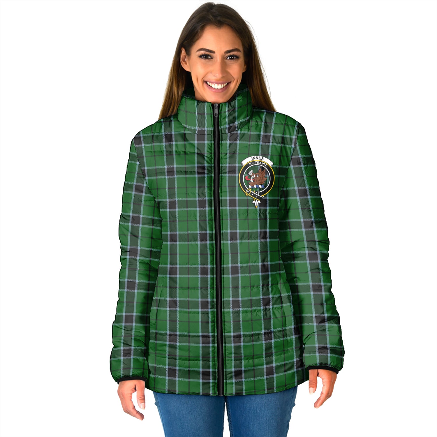 Innes Hunting Tartan Padded Jacket with Family Crest - Tartan Vibes Clothing