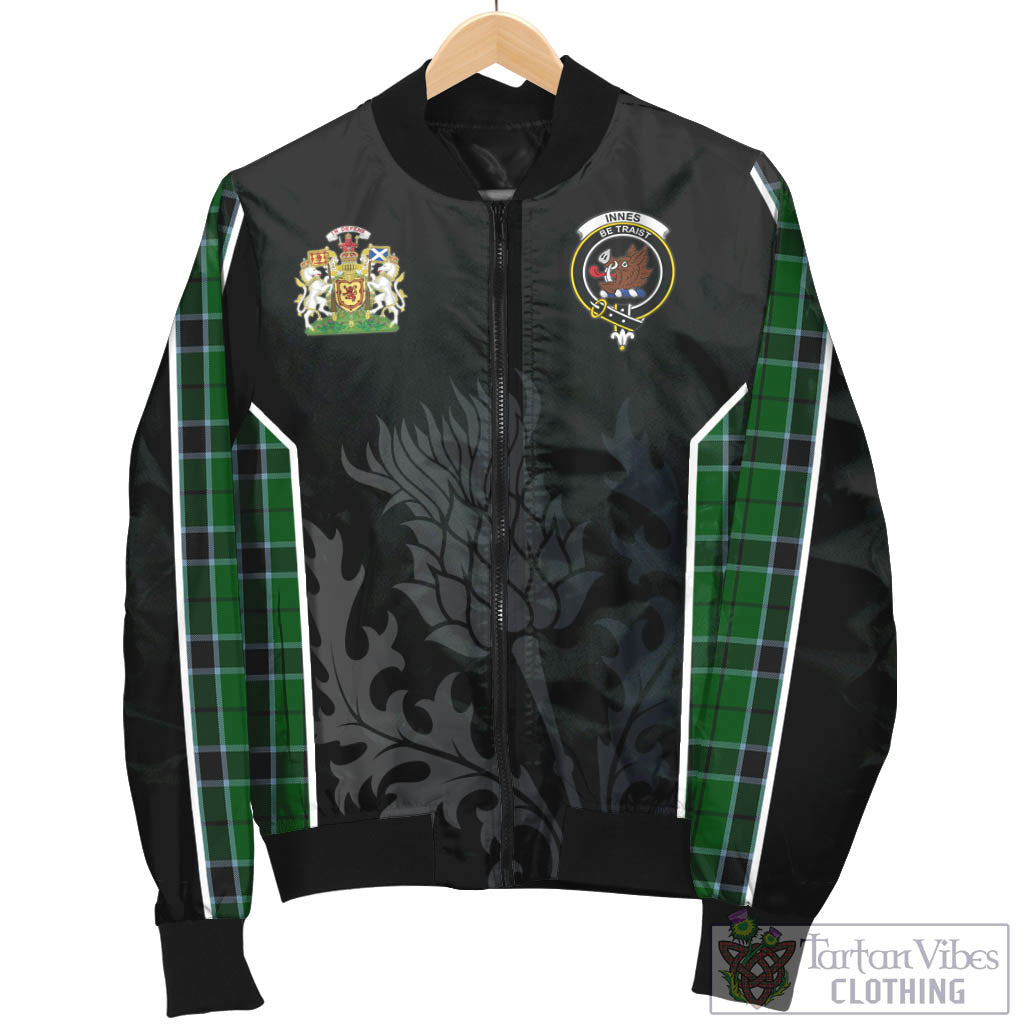 Tartan Vibes Clothing Innes Hunting Tartan Bomber Jacket with Family Crest and Scottish Thistle Vibes Sport Style