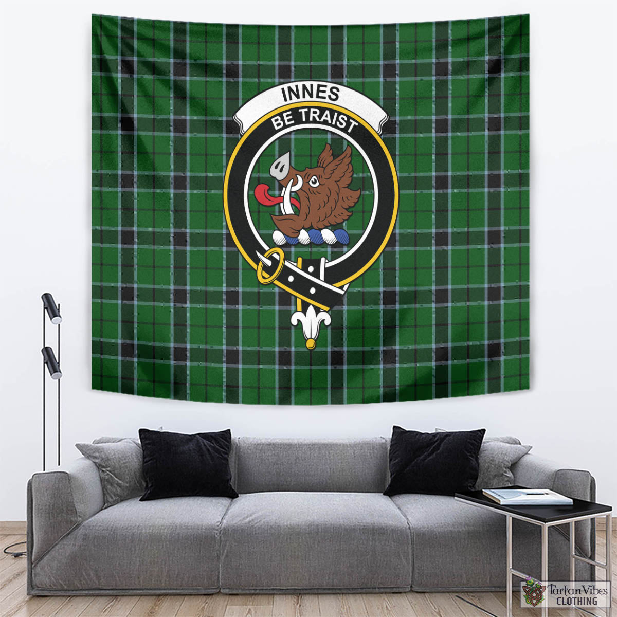 Tartan Vibes Clothing Innes Hunting Tartan Tapestry Wall Hanging and Home Decor for Room with Family Crest