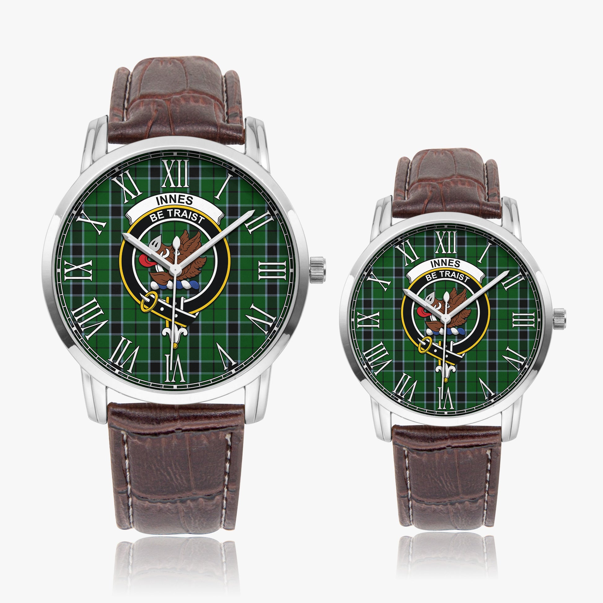 Innes Hunting Tartan Family Crest Leather Strap Quartz Watch - Tartanvibesclothing