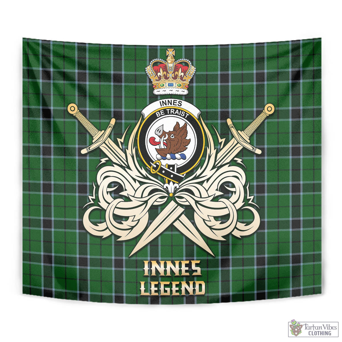 Tartan Vibes Clothing Innes Hunting Tartan Tapestry with Clan Crest and the Golden Sword of Courageous Legacy