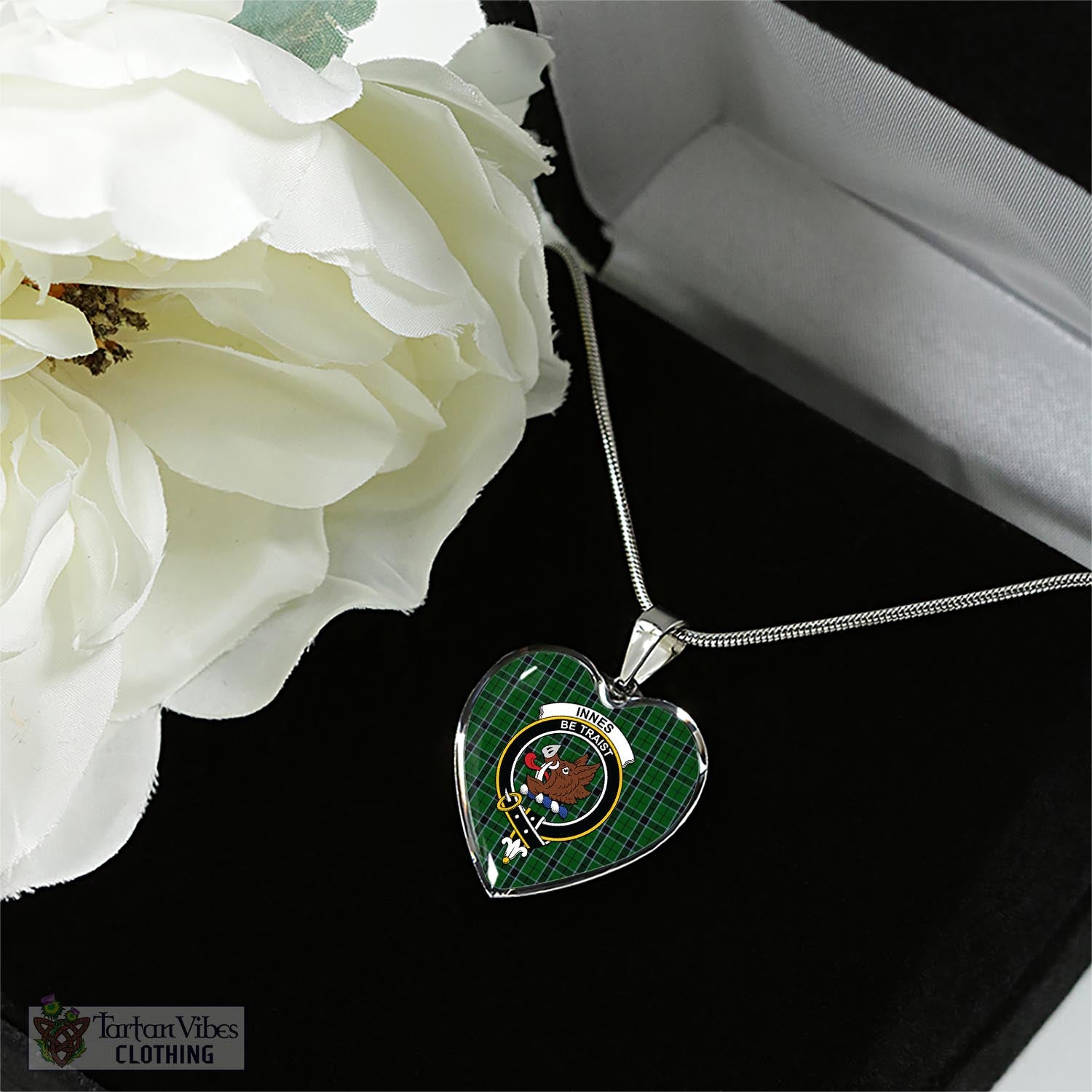 Tartan Vibes Clothing Innes Hunting Tartan Heart Necklace with Family Crest