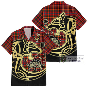 Innes Modern Tartan Short Sleeve Button Shirt with Family Crest Celtic Wolf Style