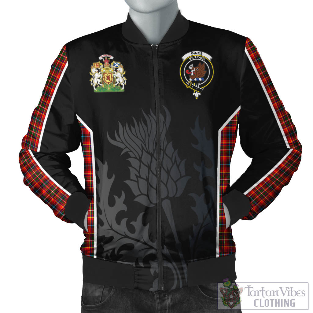 Tartan Vibes Clothing Innes Modern Tartan Bomber Jacket with Family Crest and Scottish Thistle Vibes Sport Style