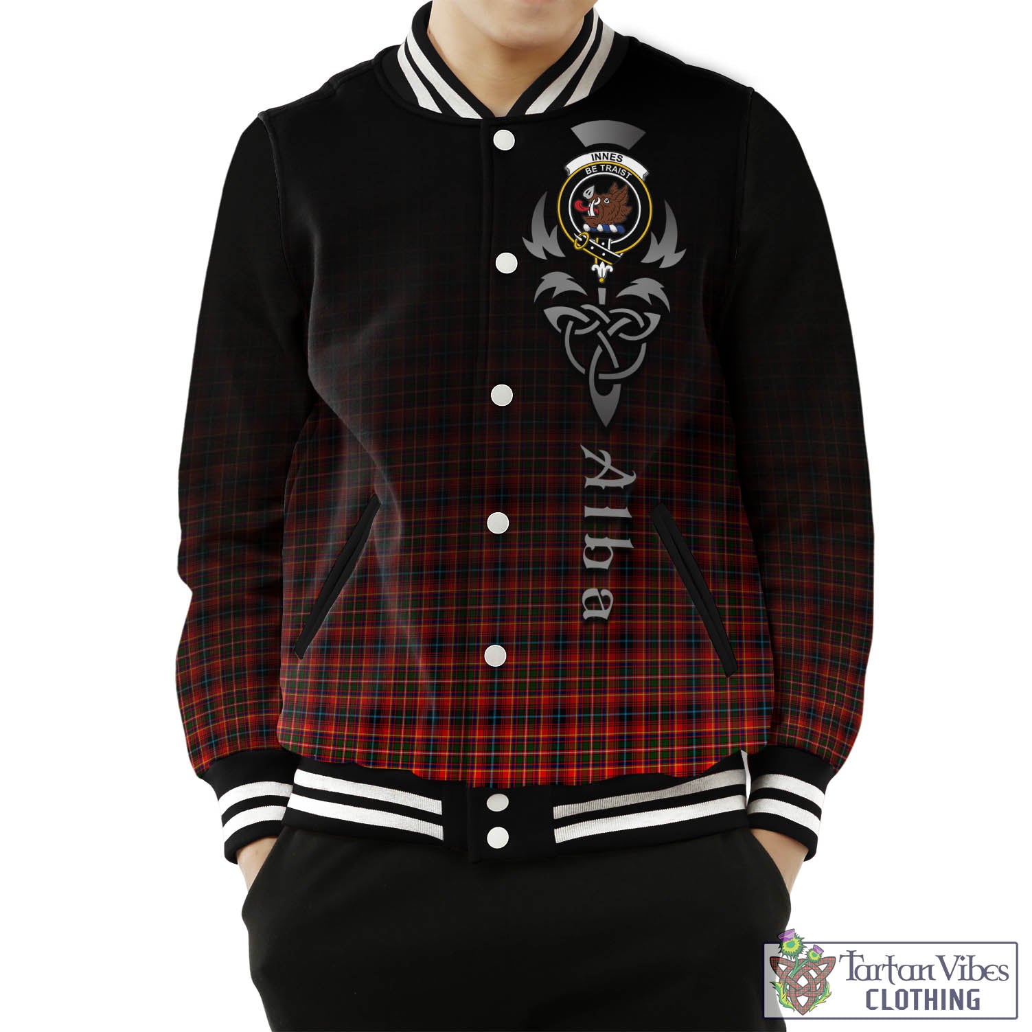 Tartan Vibes Clothing Innes Modern Tartan Baseball Jacket Featuring Alba Gu Brath Family Crest Celtic Inspired