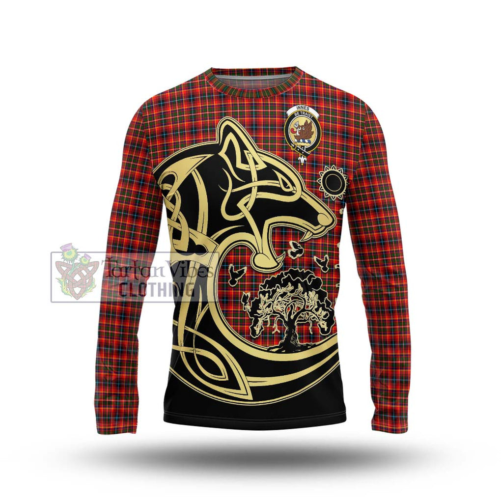 Innes Modern Tartan Long Sleeve T-Shirt with Family Crest Celtic Wolf Style Unisex - Tartan Vibes Clothing