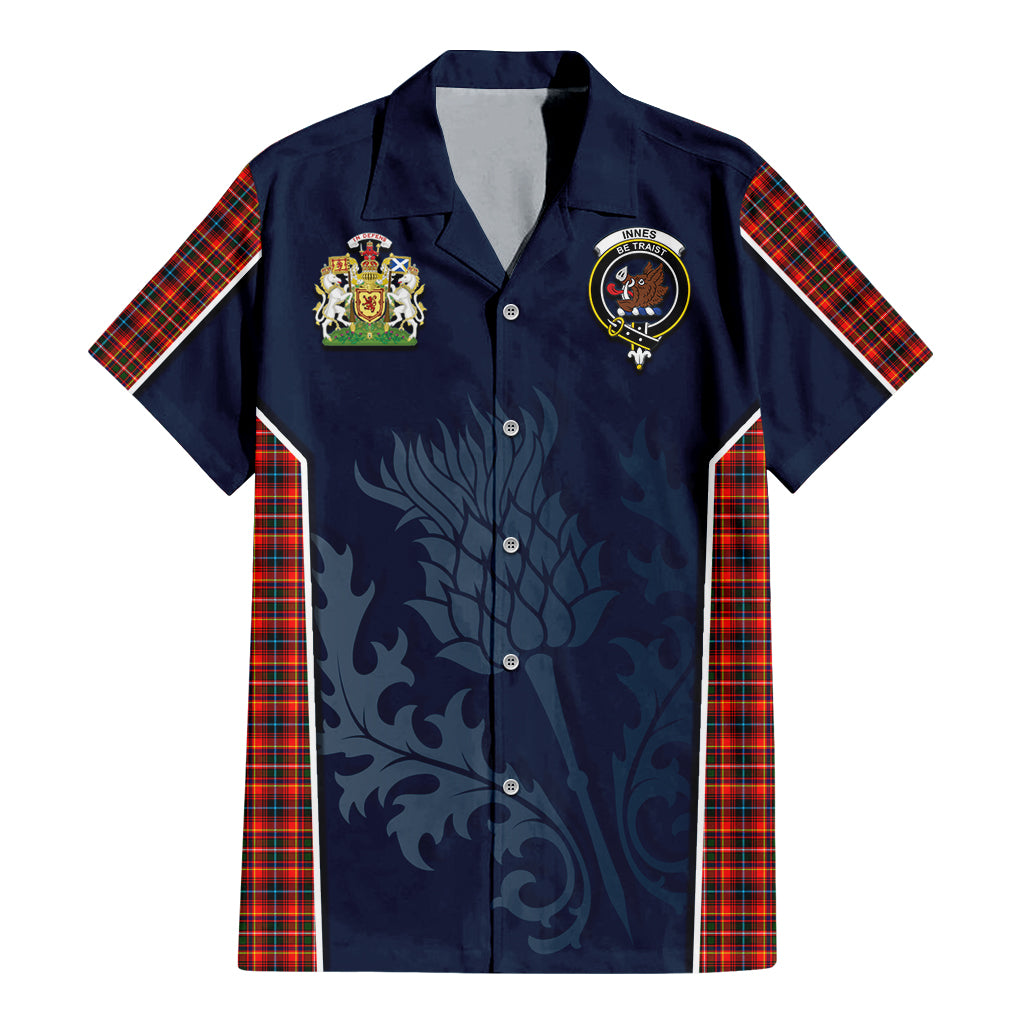 Tartan Vibes Clothing Innes Modern Tartan Short Sleeve Button Up Shirt with Family Crest and Scottish Thistle Vibes Sport Style