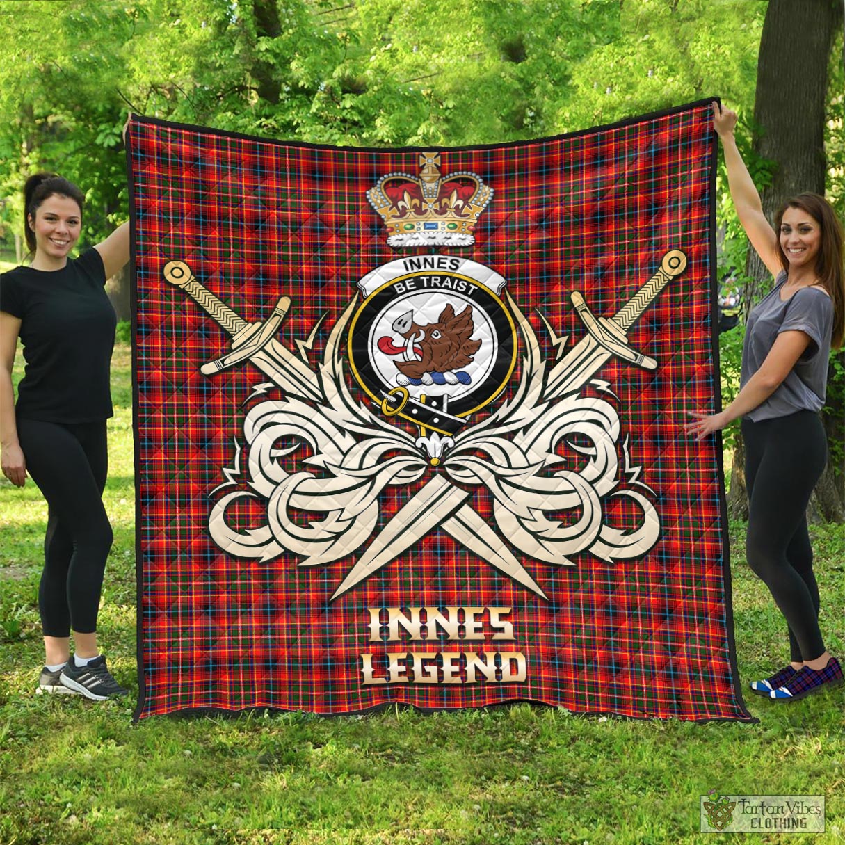 Tartan Vibes Clothing Innes Modern Tartan Quilt with Clan Crest and the Golden Sword of Courageous Legacy