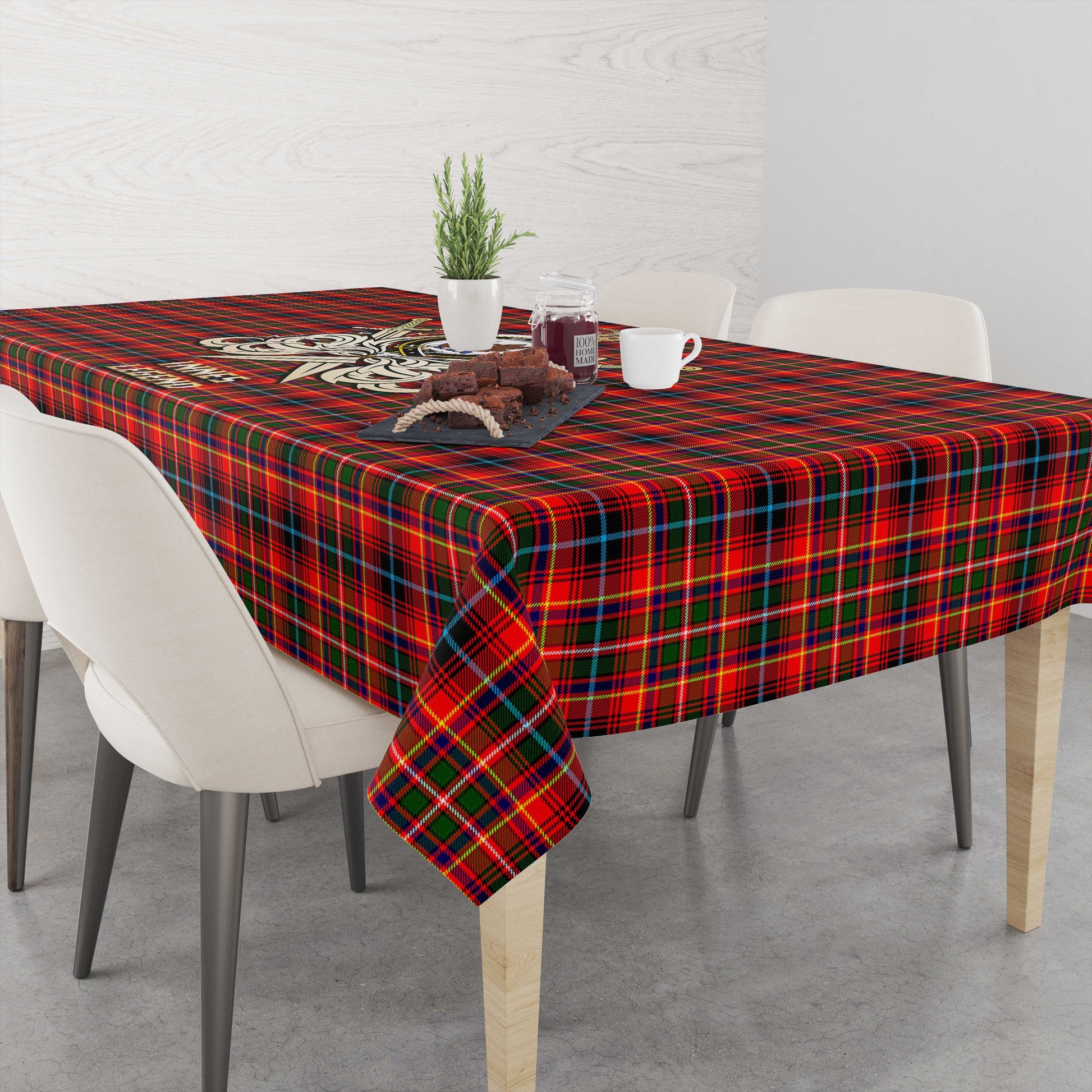 Tartan Vibes Clothing Innes Modern Tartan Tablecloth with Clan Crest and the Golden Sword of Courageous Legacy