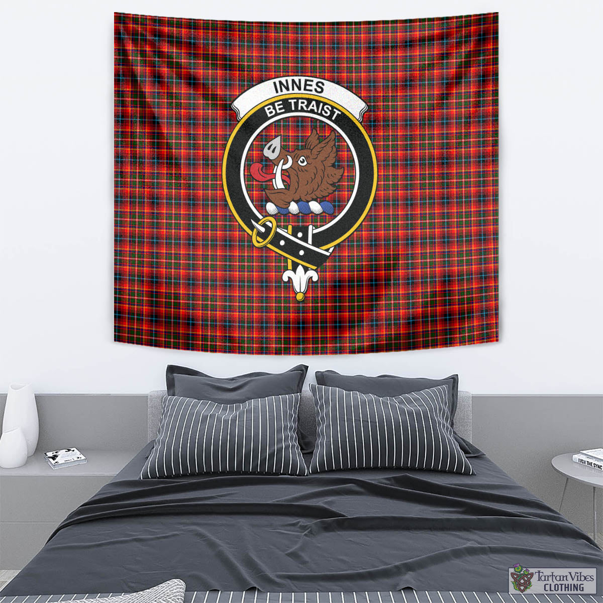 Tartan Vibes Clothing Innes Modern Tartan Tapestry Wall Hanging and Home Decor for Room with Family Crest