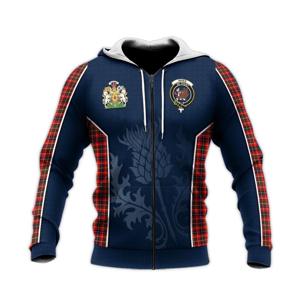 Tartan Vibes Clothing Innes Modern Tartan Knitted Hoodie with Family Crest and Scottish Thistle Vibes Sport Style