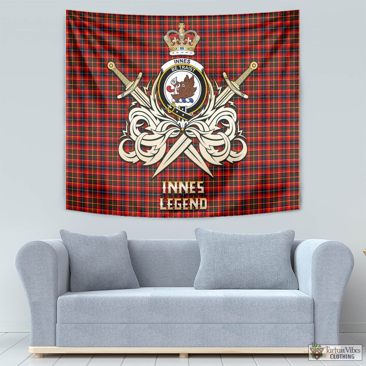 Tartan Vibes Clothing Innes Modern Tartan Tapestry with Clan Crest and the Golden Sword of Courageous Legacy