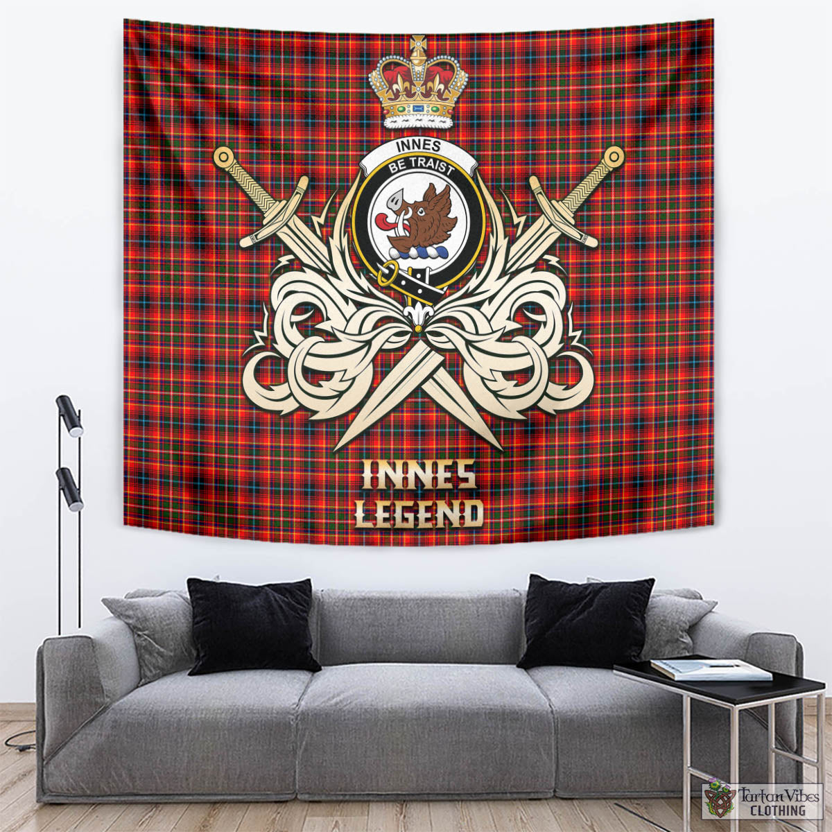 Tartan Vibes Clothing Innes Modern Tartan Tapestry with Clan Crest and the Golden Sword of Courageous Legacy