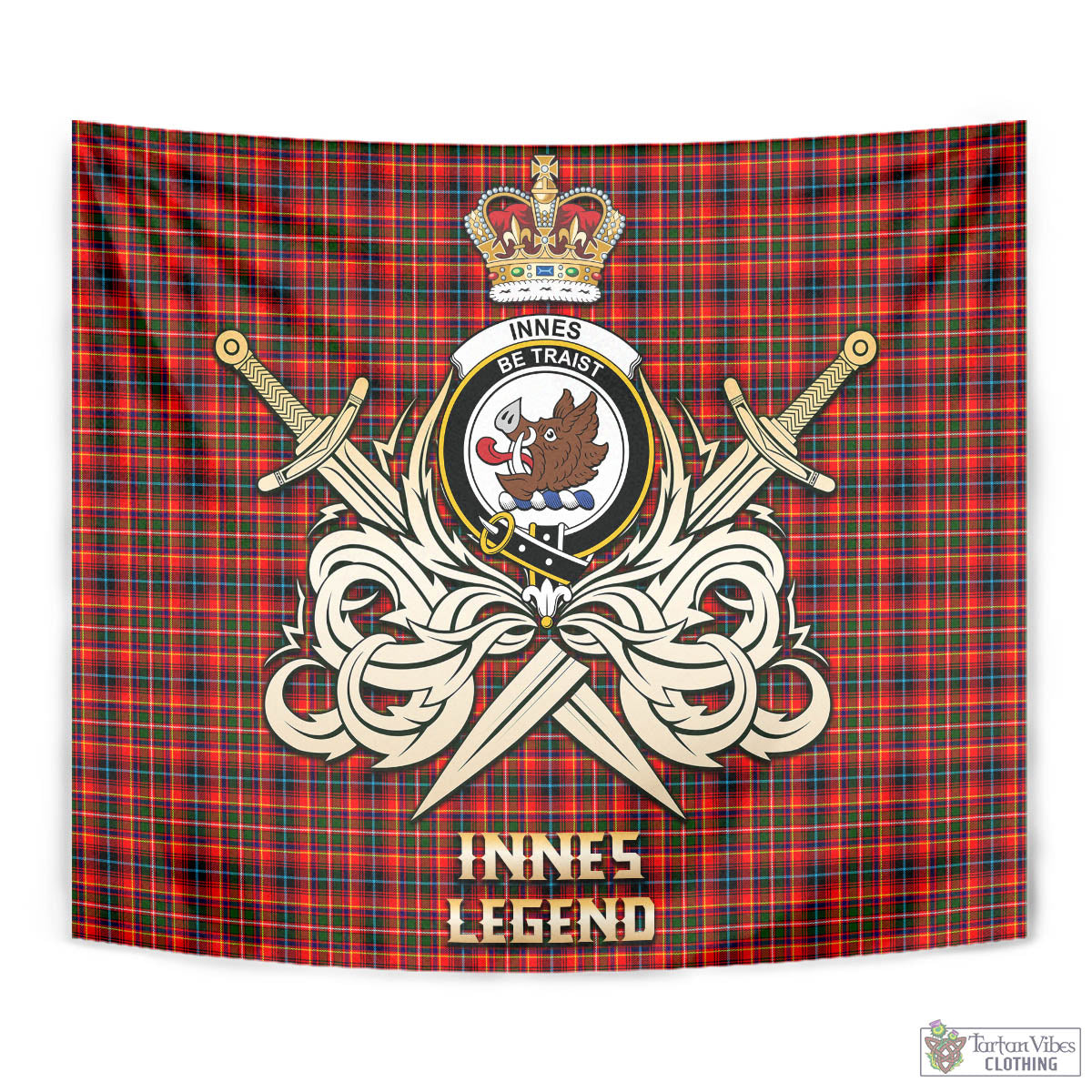 Tartan Vibes Clothing Innes Modern Tartan Tapestry with Clan Crest and the Golden Sword of Courageous Legacy