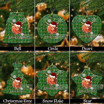 Ireland National Tartan Christmas Ceramic Ornaments with Twinkle Highland Cattle