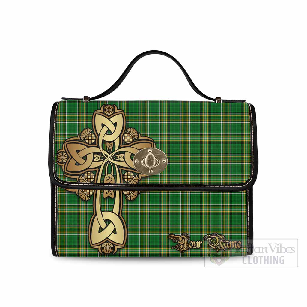 Tartan Vibes Clothing Ireland National Tartan Waterproof Canvas Bag Golden Thistle Celtic Cross Style