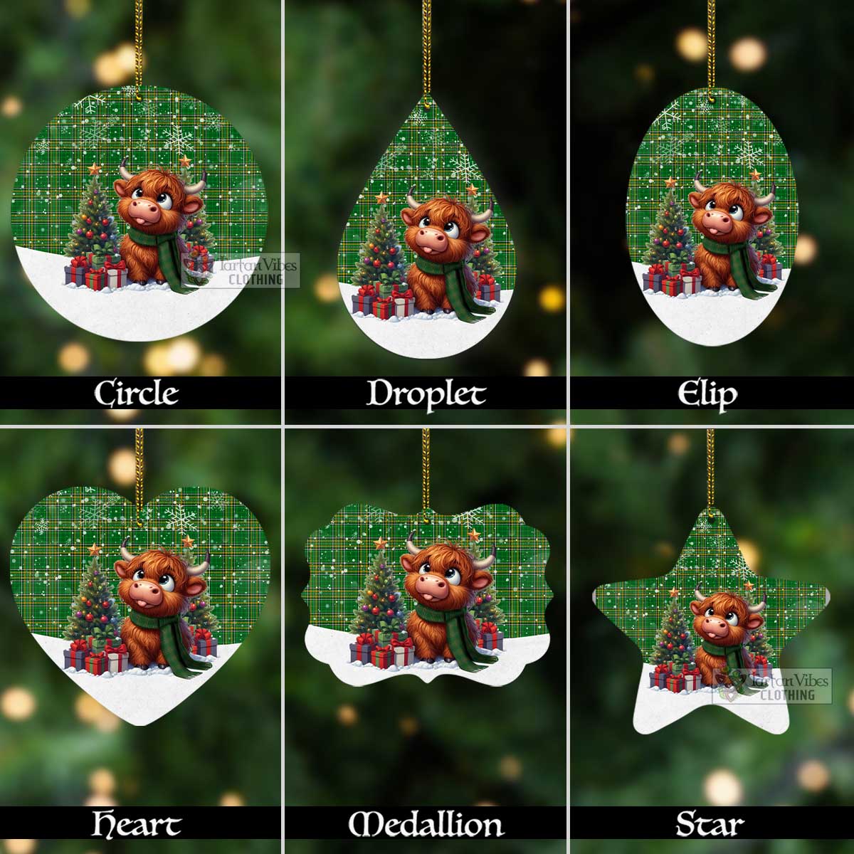 Tartan Vibes Clothing Ireland National Tartan Christmas Aluminium Ornament with Adorable Highland Coo