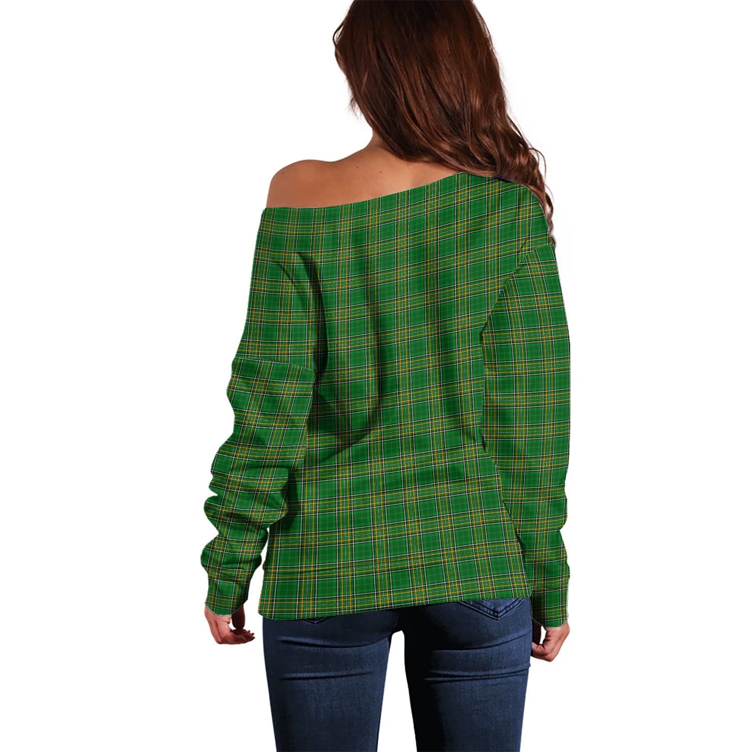 Ireland National Tartan Off Shoulder Women Sweater - Tartanvibesclothing