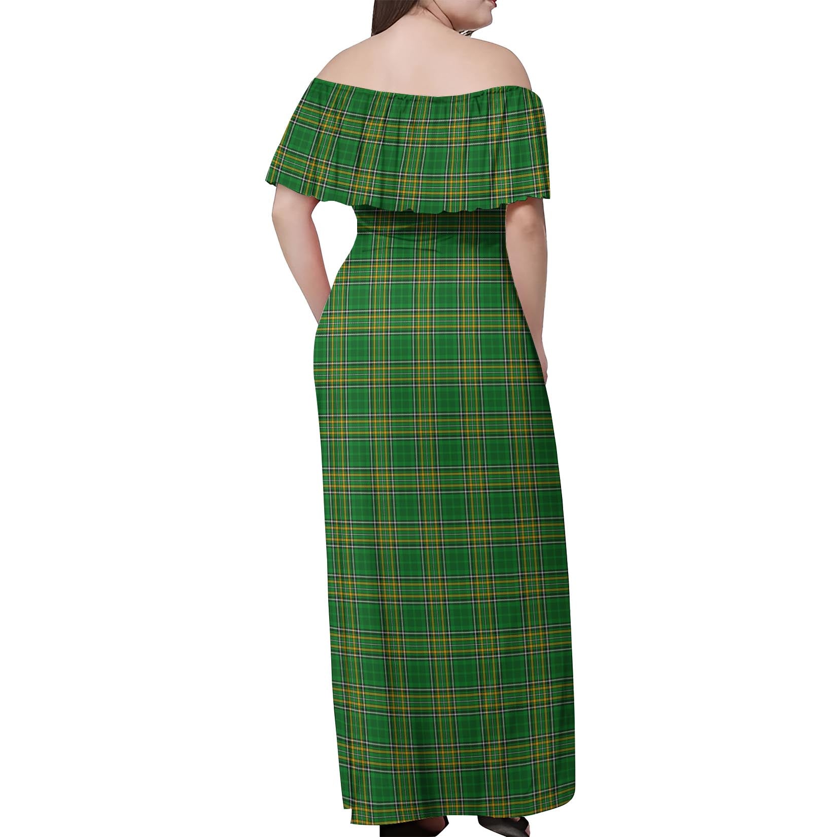 Ireland National Tartan Off Shoulder Long Dress - Tartanvibesclothing