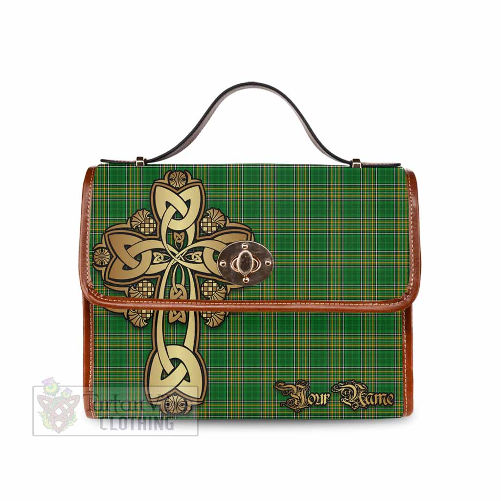 Tartan Vibes Clothing Ireland National Tartan Waterproof Canvas Bag Golden Thistle Celtic Cross Style