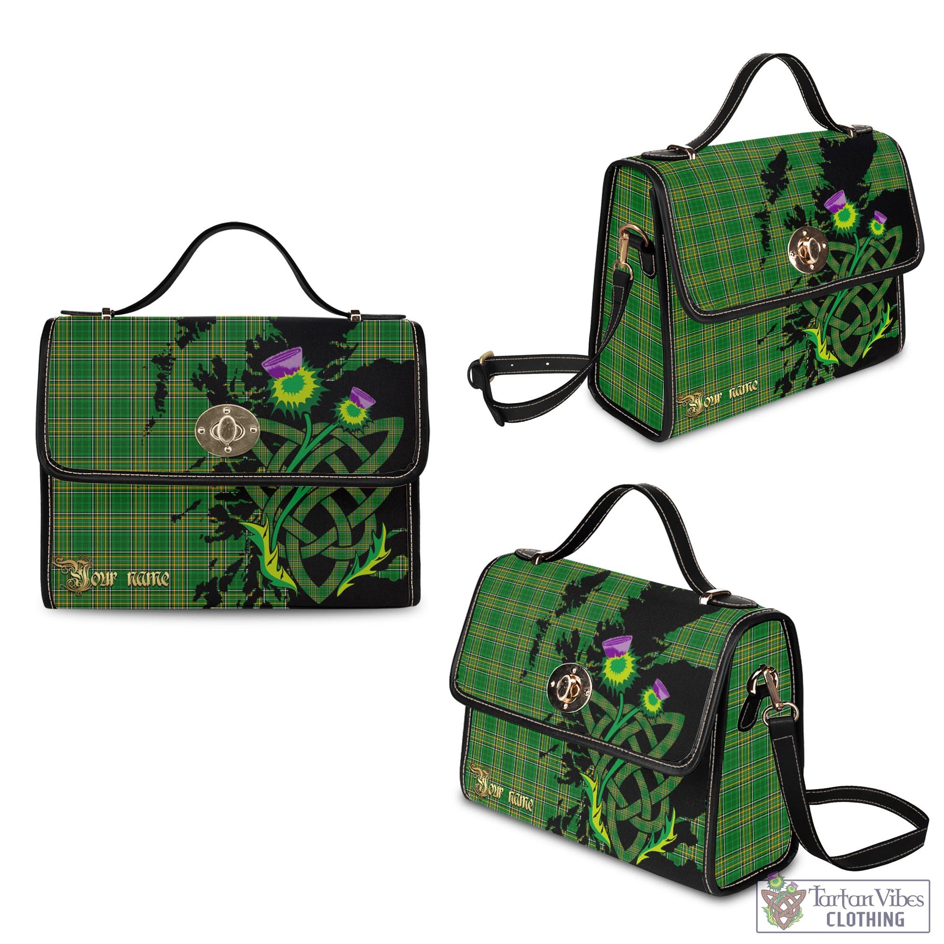 Tartan Vibes Clothing Ireland National Tartan Waterproof Canvas Bag with Scotland Map and Thistle Celtic Accents