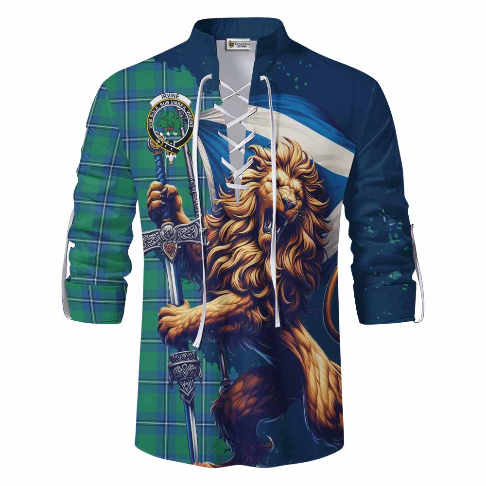 Tartan Vibes Clothing Irvine Tartan Family Crest Ghillie Kilt Shirt with Scottish Majestic Lion