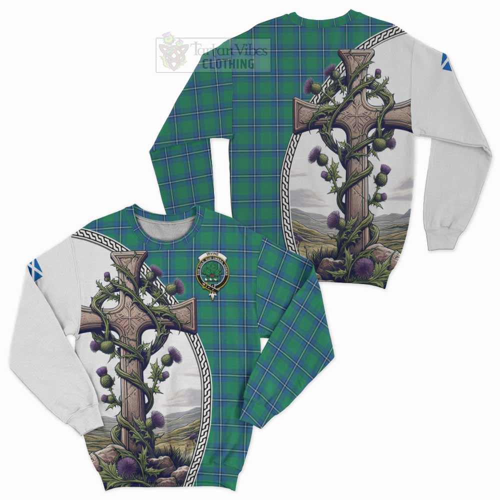 Tartan Vibes Clothing Irvine Tartan Sweatshirt with Family Crest and St. Andrew's Cross Accented by Thistle Vines