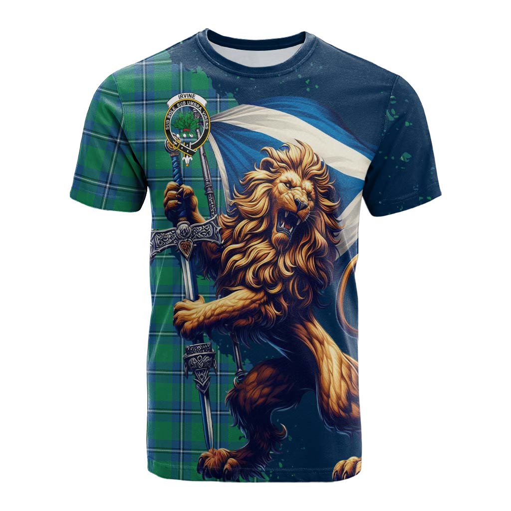 Tartan Vibes Clothing Irvine Tartan Family Crest Cotton T-shirt with Scottish Majestic Lion