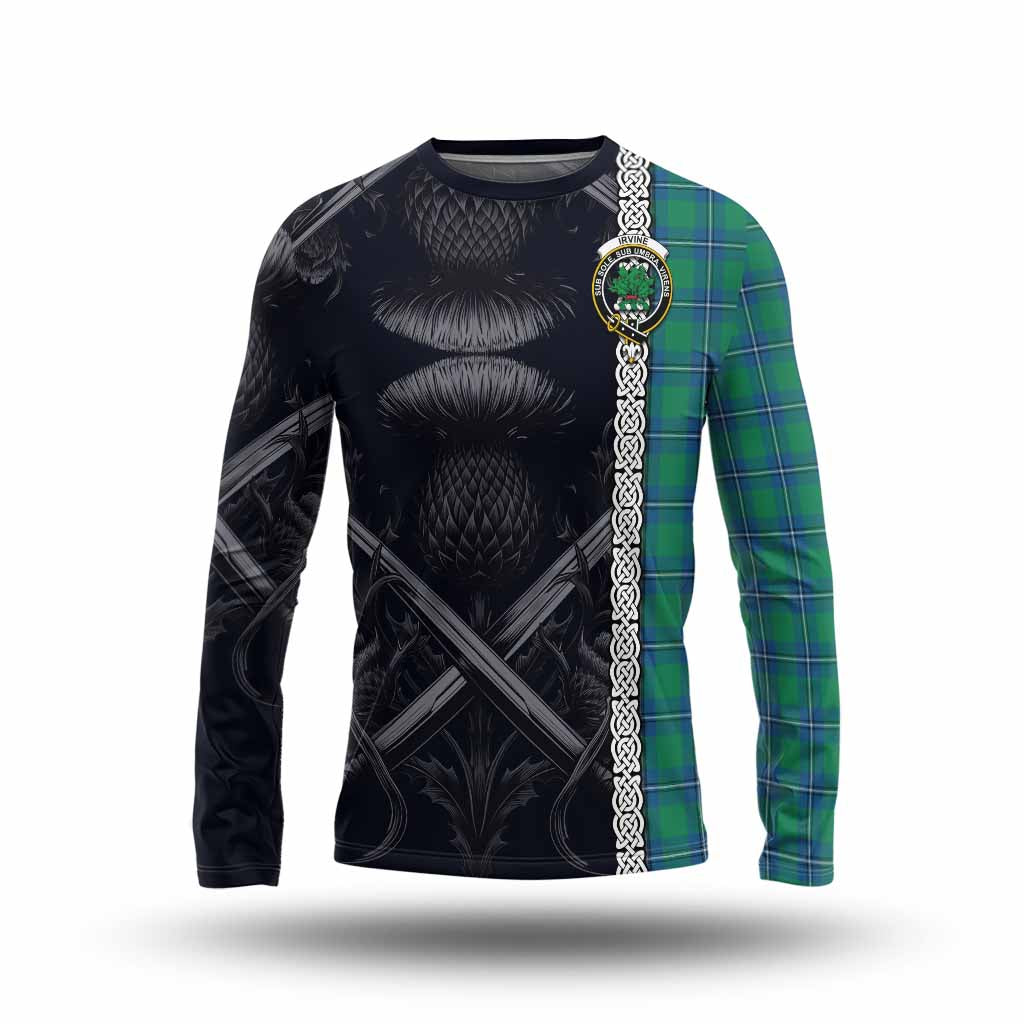 Tartan Vibes Clothing Irvine Tartan Long Sleeve T-Shirt with Family Crest Cross Sword Thistle Celtic Vibes