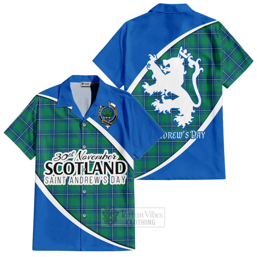 Tartan Vibes Clothing Irvine Family Crest Tartan Short Sleeve Button Shirt Celebrate Saint Andrew's Day in Style