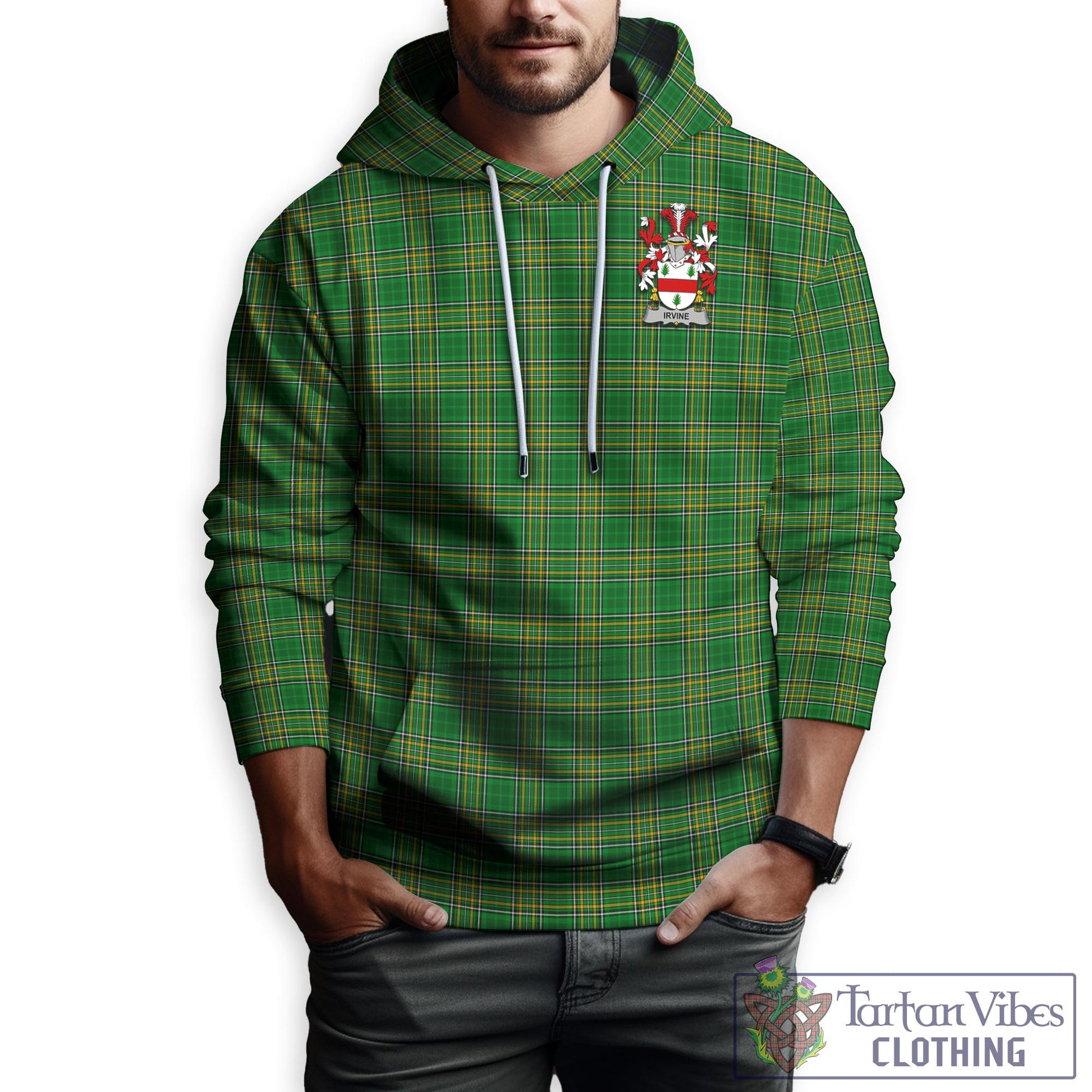 Tartan Vibes Clothing Irvine Ireland Clan Tartan Hoodie with Coat of Arms