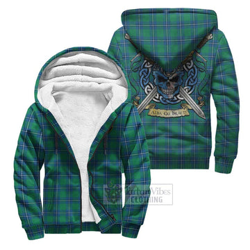 Irvine Tartan Sherpa Hoodie with Family Crest Celtic Skull Style