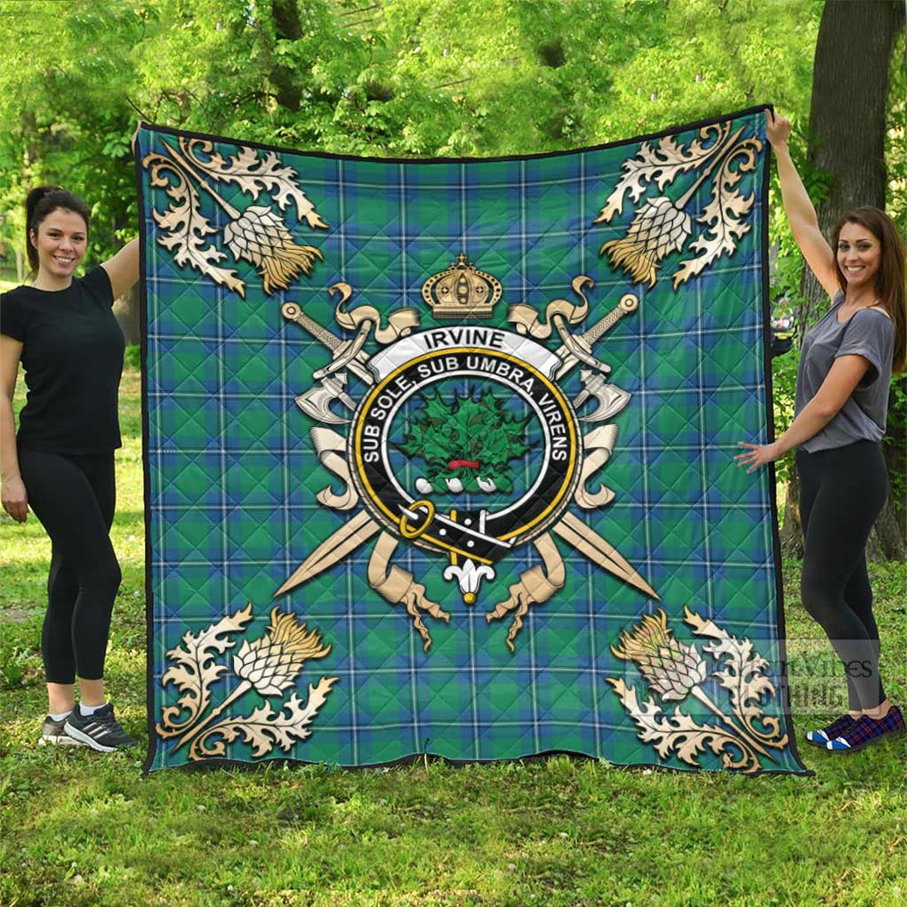 Tartan Vibes Clothing Irvine Tartan Quilt with Family Crest and Scottish Golden Courage Shield