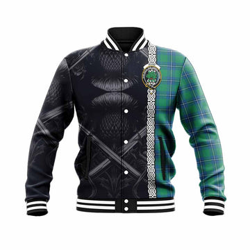 Irvine Tartan Baseball Jacket with Family Crest Cross Sword Thistle Celtic Vibes