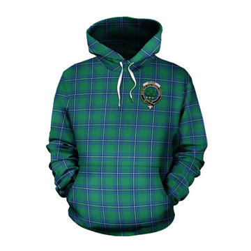 Irvine Tartan Cotton Hoodie with Family Crest and Bearded Skull Holding Bottles of Whiskey