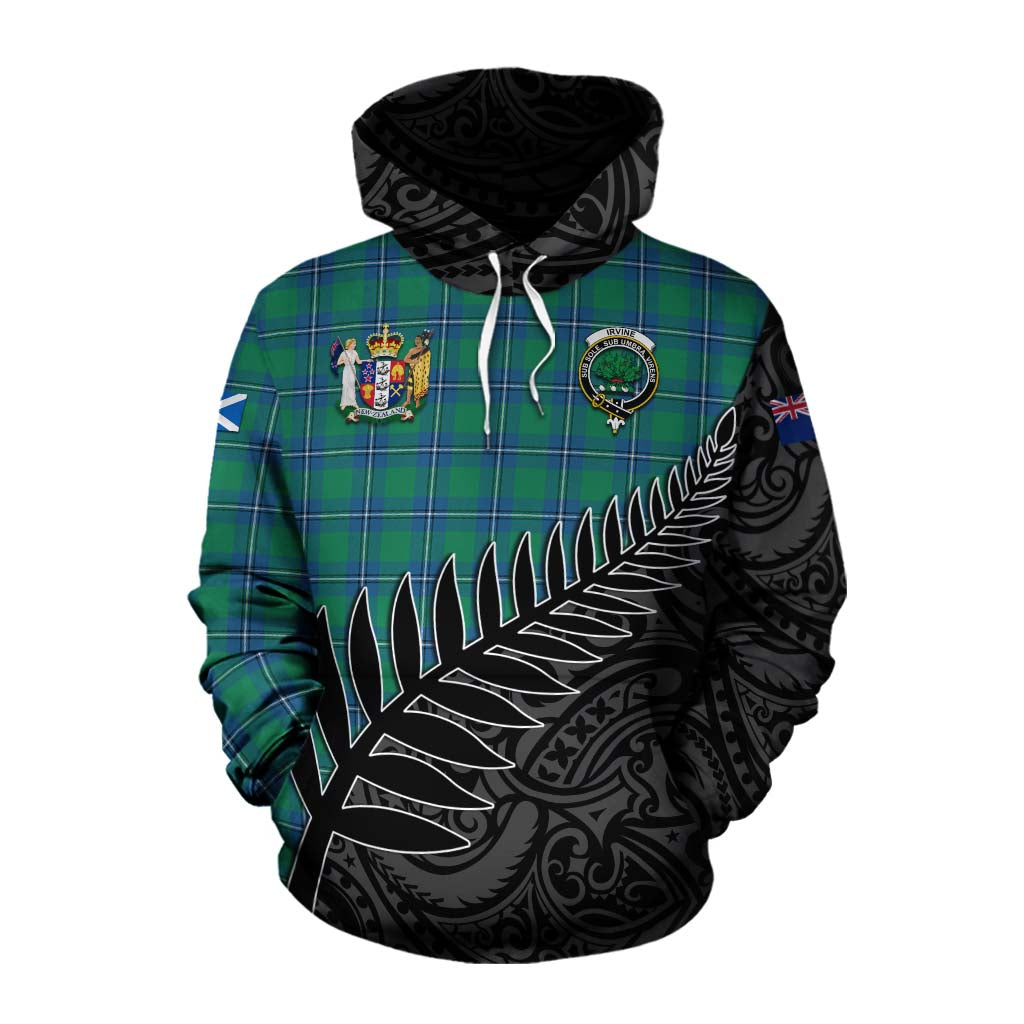 Tartan Vibes Clothing Irvine Crest Tartan Cotton Hoodie with New Zealand Silver Fern Half Style