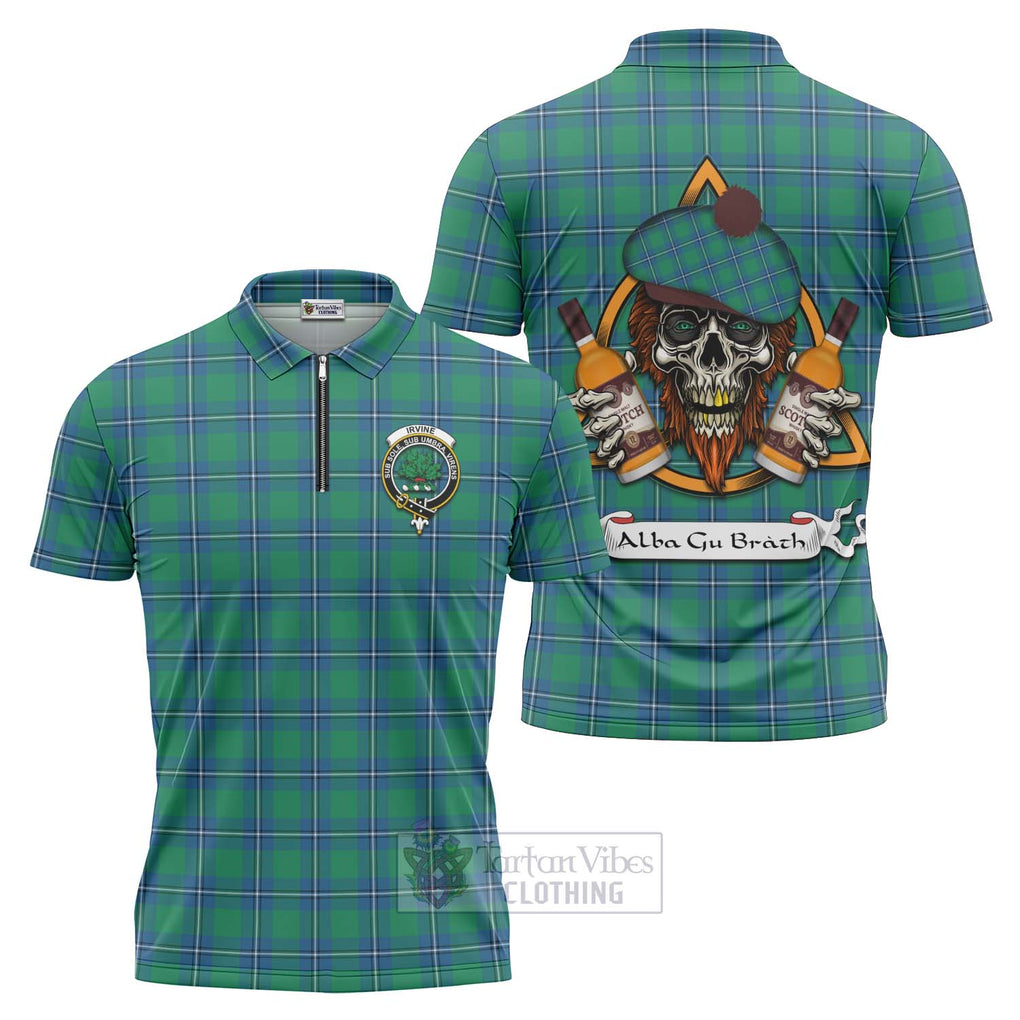 Tartan Vibes Clothing Irvine Tartan Zipper Polo Shirt with Family Crest and Bearded Skull Holding Bottles of Whiskey