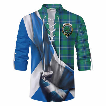 Irvine Tartan Ghillie Kilt Shirt with Family Crest Scotland Patriotic Style