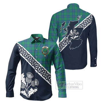 Irvine Tartan Long Sleeve Button Shirt Featuring Thistle and Scotland Map