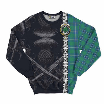 Irvine Tartan Sweatshirt with Family Crest Cross Sword Thistle Celtic Vibes