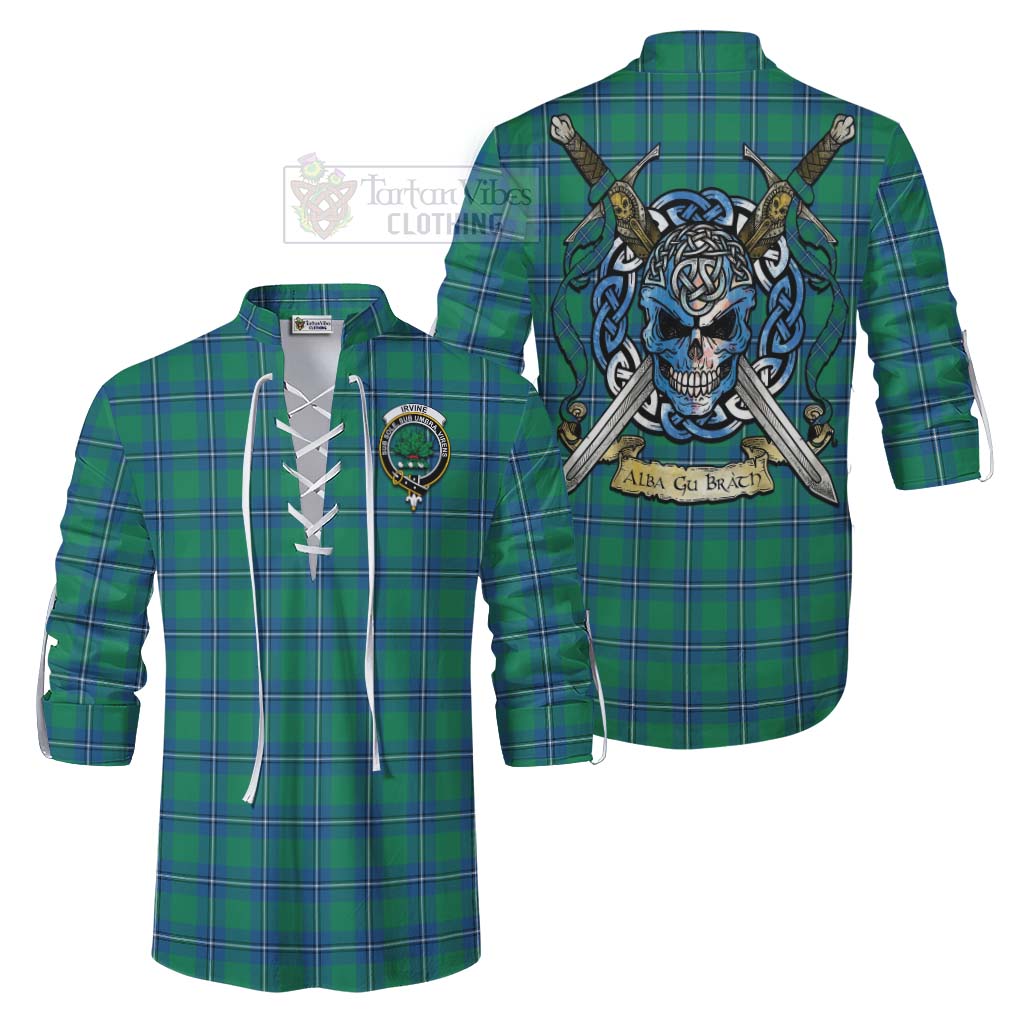 Tartan Vibes Clothing Irvine Tartan Ghillie Kilt Shirt with Family Crest Celtic Skull Style