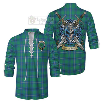 Irvine Tartan Ghillie Kilt Shirt with Family Crest Celtic Skull Style