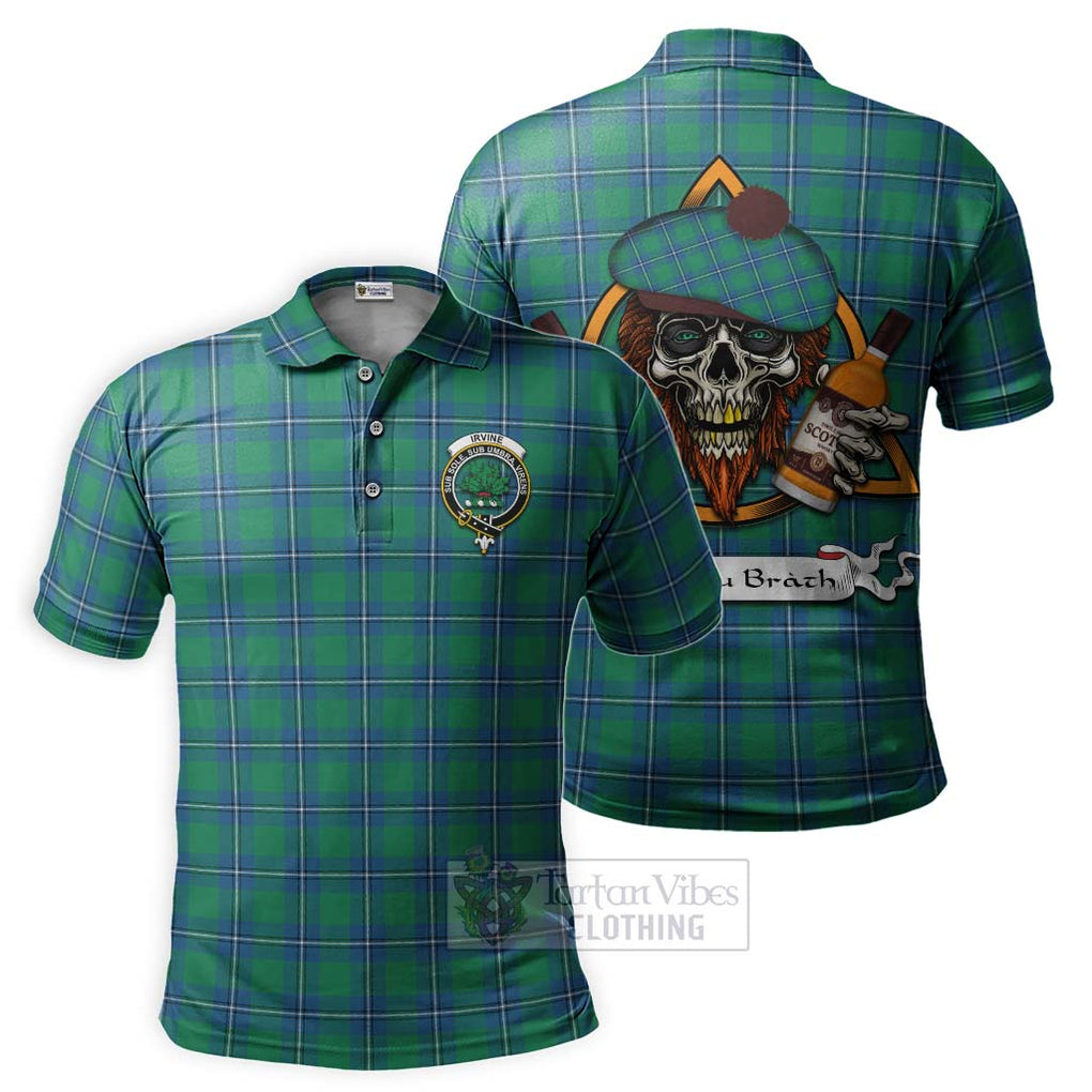 Tartan Vibes Clothing Irvine Tartan Polo Shirt with Family Crest and Bearded Skull Holding Bottles of Whiskey