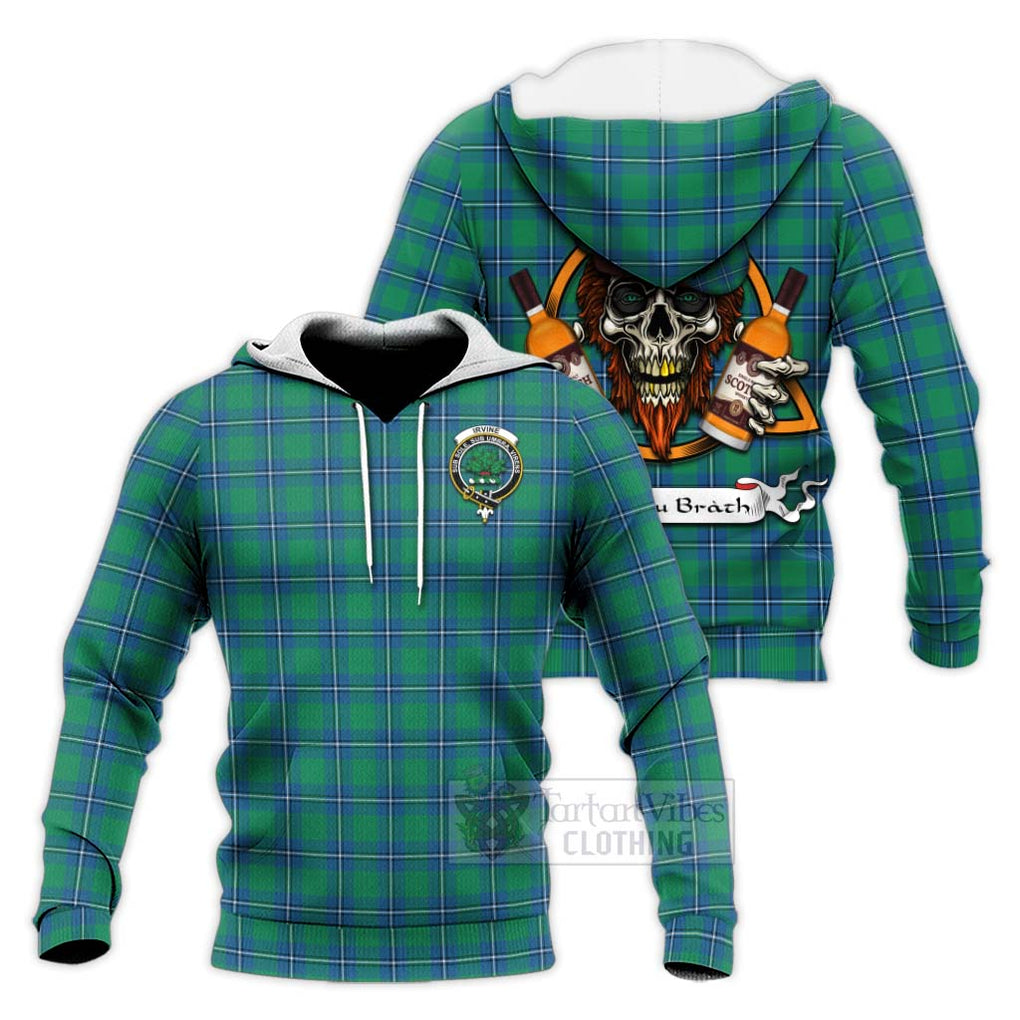 Tartan Vibes Clothing Irvine Tartan Knitted Hoodie with Family Crest and Bearded Skull Holding Bottles of Whiskey