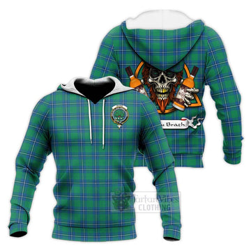 Irvine Tartan Knitted Hoodie with Family Crest and Bearded Skull Holding Bottles of Whiskey