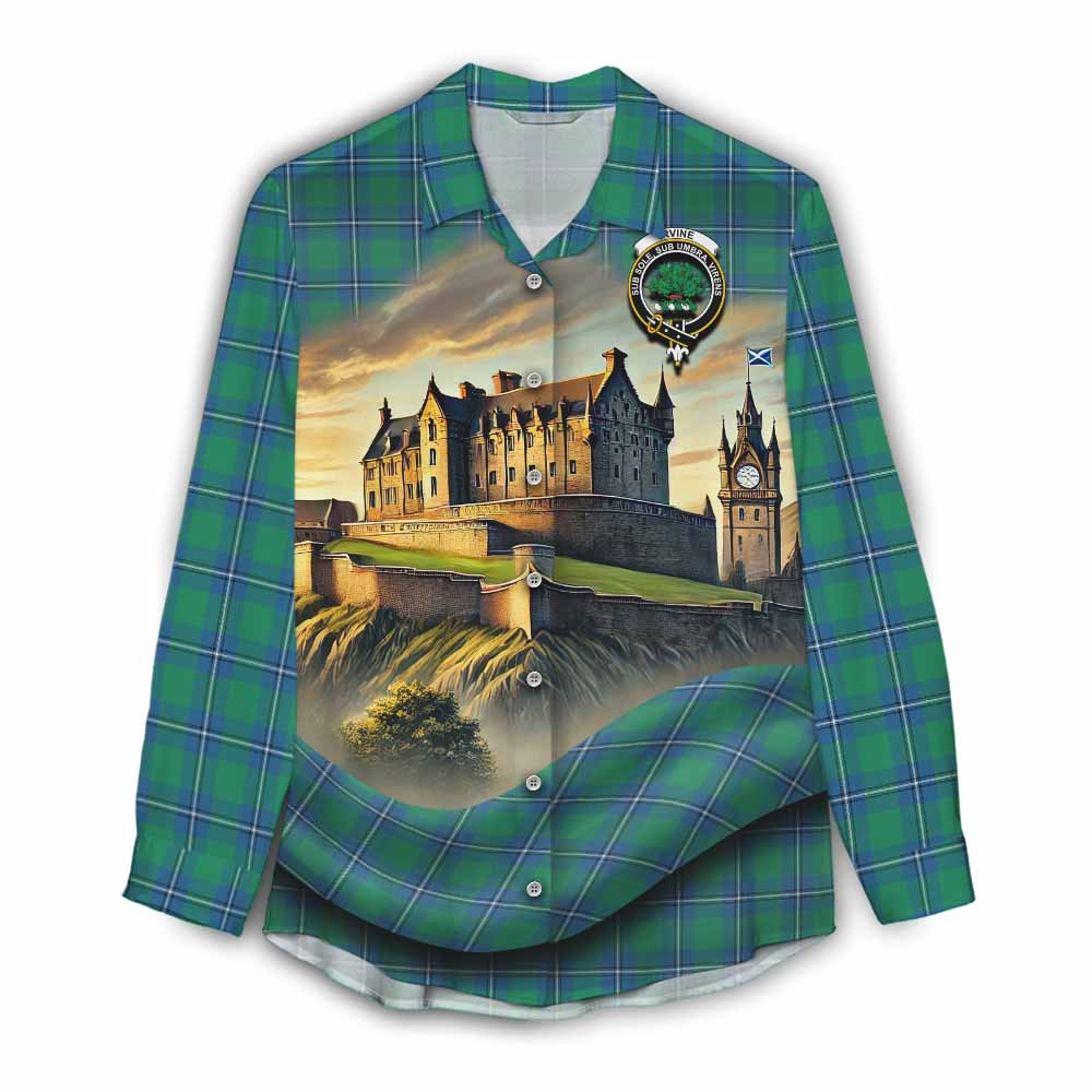 Irvine Tartan Family Crest Women's Casual Shirt with Scottish Ancient Castle Style Female - Tartan Vibes Clothing