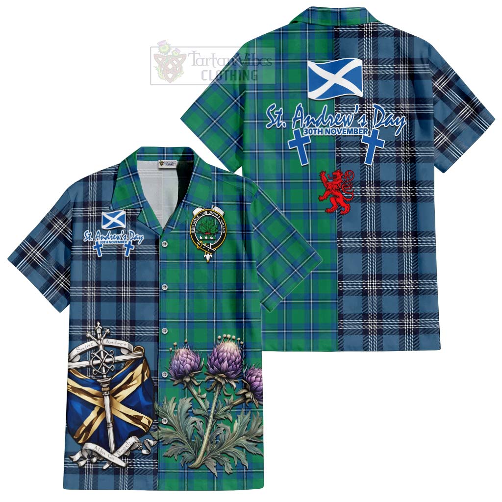 Tartan Vibes Clothing Irvine Tartan Short Sleeve Button Shirt Happy St. Andrew's Day Half Tartan Style