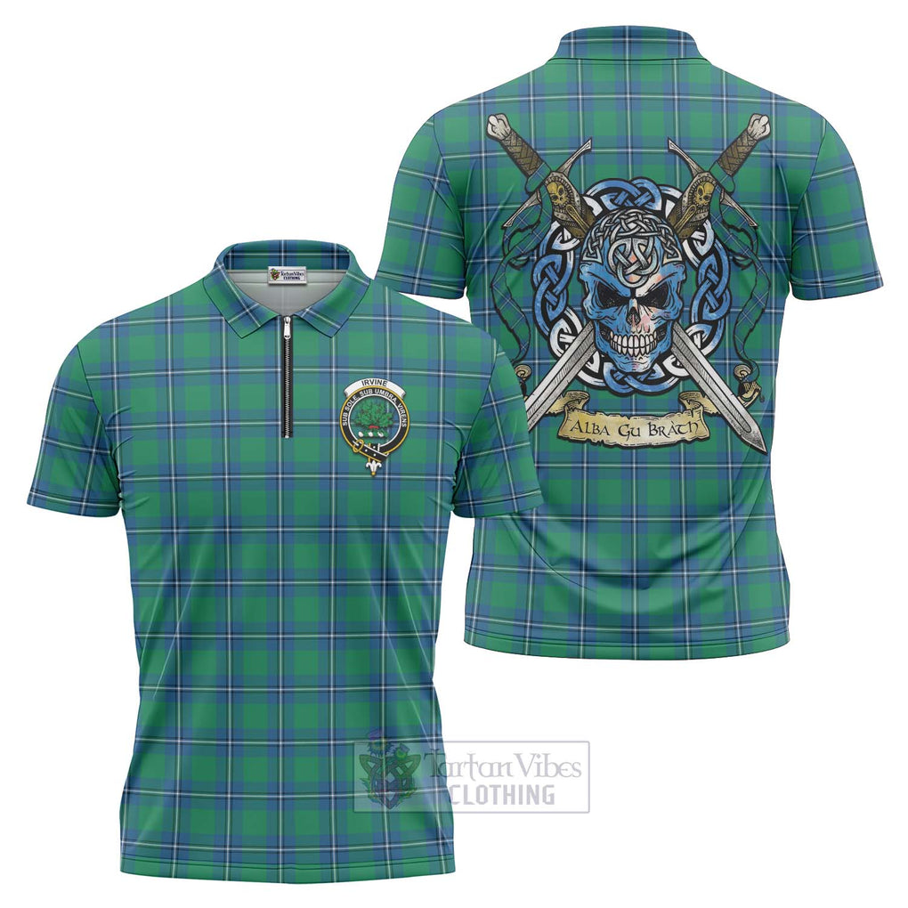 Tartan Vibes Clothing Irvine Tartan Zipper Polo Shirt with Family Crest Celtic Skull Style