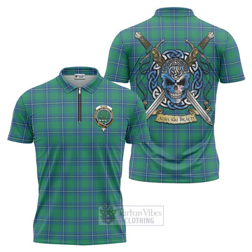 Irvine Tartan Zipper Polo Shirt with Family Crest Celtic Skull Style