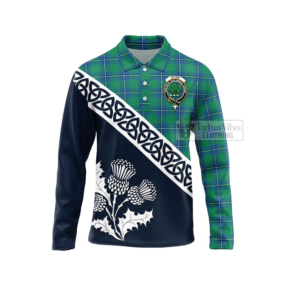 Tartan Vibes Clothing Irvine Tartan Long Sleeve Polo Shirt Featuring Thistle and Scotland Map